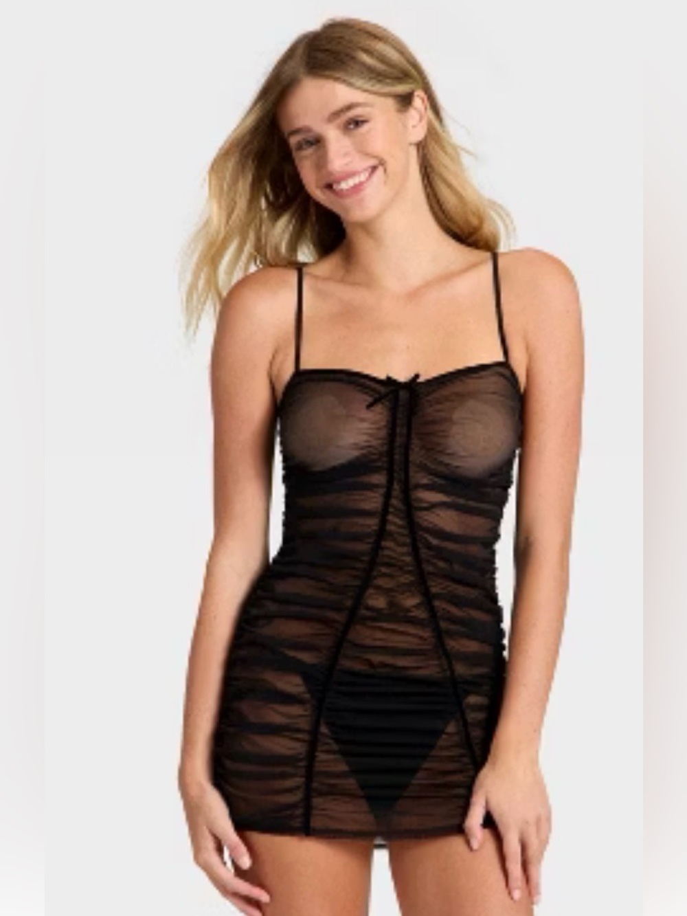 Auden Mesh Lingerie Sheer Ruched Slip Dress - Black